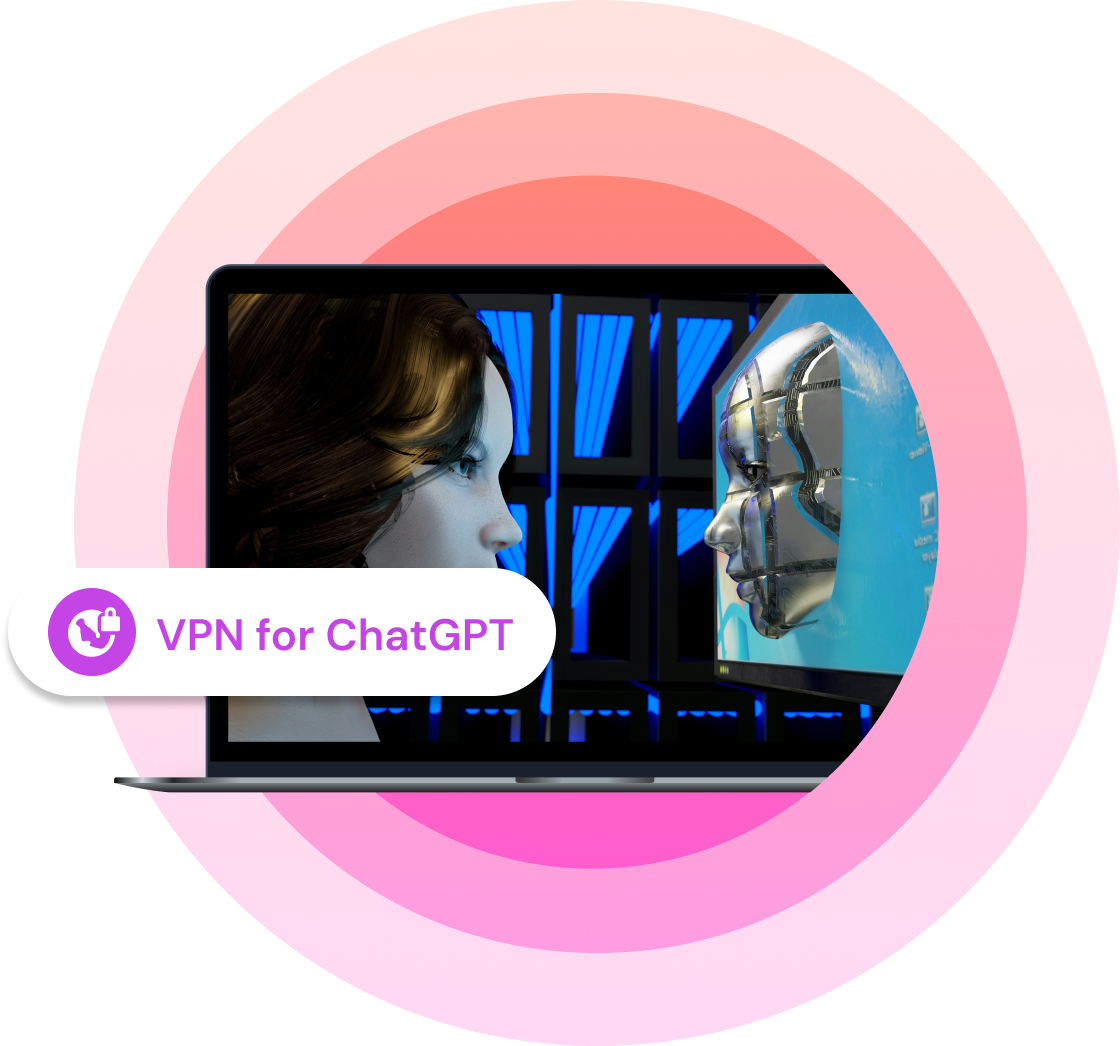 Laptop screen showing two futuristic human-like faces—one digital and one robotic—facing each other, with a label reading "VPN for ChatGPT" on a pink gradient background, symbolizing secure and private access to ChatGPT.